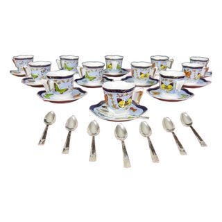 Classic Coffee & Tea Butterfly Demitasse Service for 12 & Nobility Plate Spoons - 33 Pieces Cups Never Used For Sale