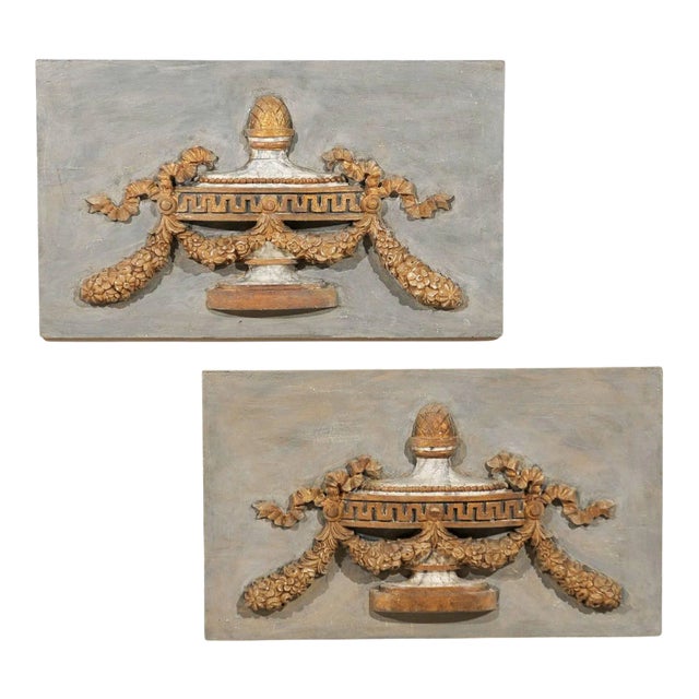Italian 19th Century Painted Wood Wall Decorations with Carved Urns - A Pair For Sale