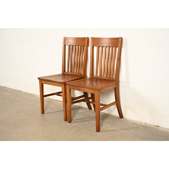 Mission Limbert Style Antique Mission Oak Arts & Crafts Spindle Back Side Chairs or Dining Chairs, Pair For Sale - Image 3 of 14