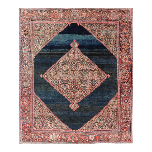 Antique Persian Sultanabad Rug With Medallion on a Navy Blue Field For Sale