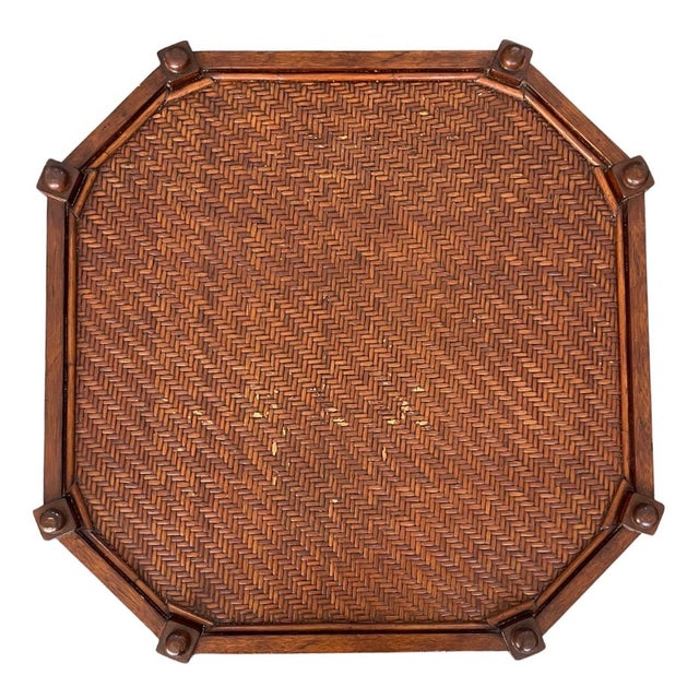 American 3-Tier Octagonal Faux Bamboo Side Table Woven Rattan Top For Sale - Image 9 of 10