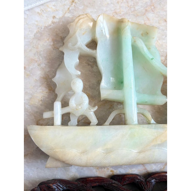 Antique Chinese Qing Heavy Jadeite Jade Boat Smooth Sailing Figurines W/ Stand For Sale - Image 4 of 12
