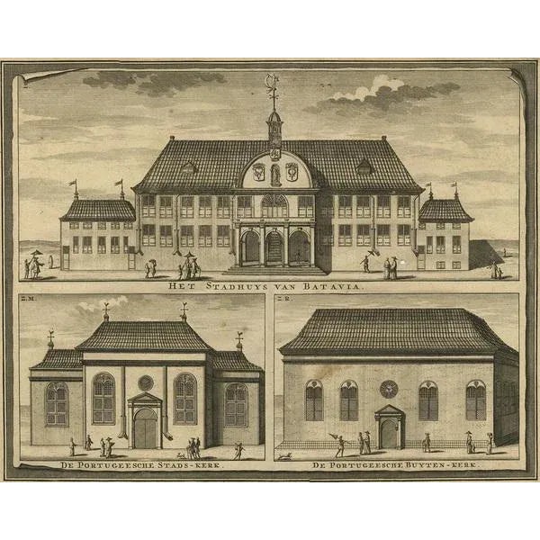Antique print titled 'Het Stadhuys van Batavia'. Original antique print with views of three important buildings in Batavia...