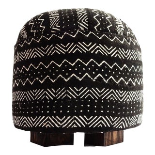 Custom Made Ottoman in African Malian Black & White Mud Cloth Textile 16" H For Sale