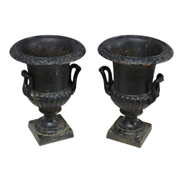 Neoclassical Pair of Petite Antique Cast Iron Garden Urns With Handles C1900 For Sale - Image 3 of 6