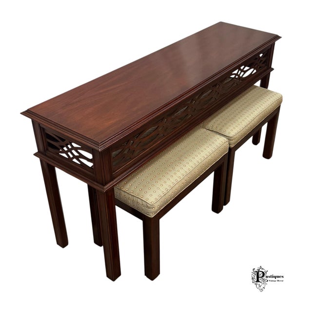 Vintage Henkel Harris Virginia Galleries Collection Chippendale Style Mahogany Console Table & Pair of Upholstered Stools For Sale In Greensboro - Image 6 of 12