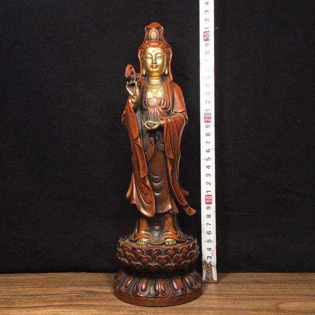 Art Deco Vintage Gilded Bronze Standing Guanyin Bodhisattva on Lotus Base For Sale - Image 3 of 9