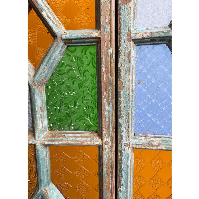 Rustic Antique Colored Glass Folding Screen For Sale - Image 3 of 4