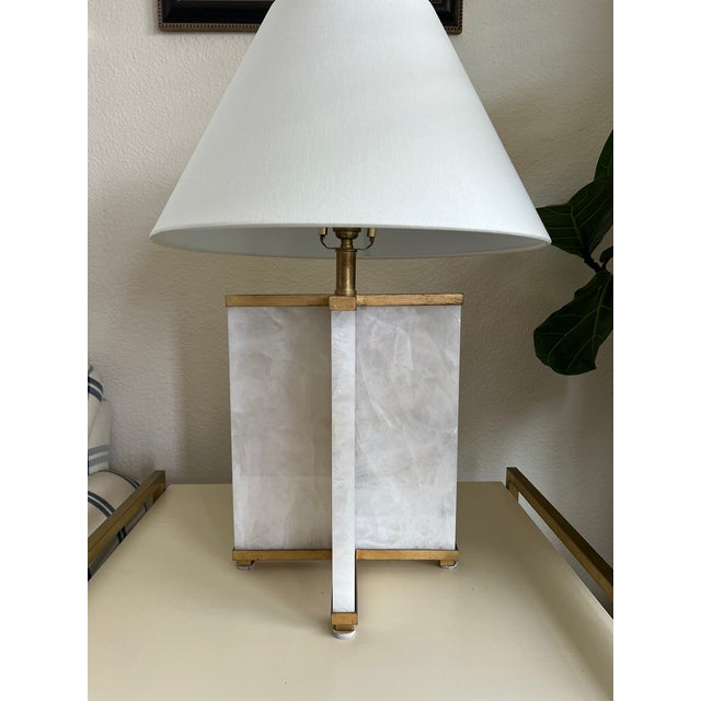 Contemporary Visual Comfort Cameron Table Lamp Natural Quartz, Gilded Iron, White Linen Shade For Sale - Image 3 of 17