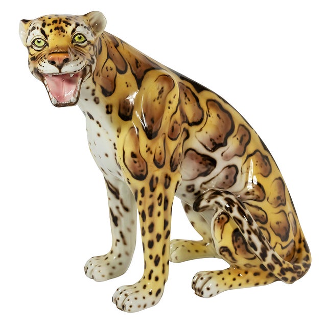 Vintage Italian ceramic serval sculpture, from 1980's. Hand crafted sculpture of sitting serval is created in glazed and...