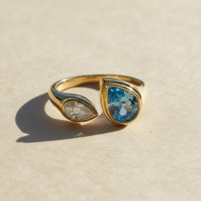 Toi Et Moi Gemstone Ring: Topaz and Moissanite, Size 7.5 For Sale - Image 4 of 8
