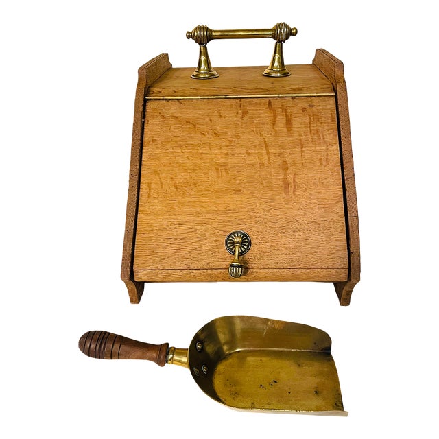 Antique Bleached Walnut Coal Hood With Brass Handles and Brass Scoop For Sale