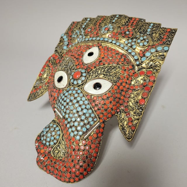 Vintage Nepalese Elephant Ganesh Wall Mask With Gold Gilt, Red & Turquoise Glass Inlay For Sale - Image 4 of 7