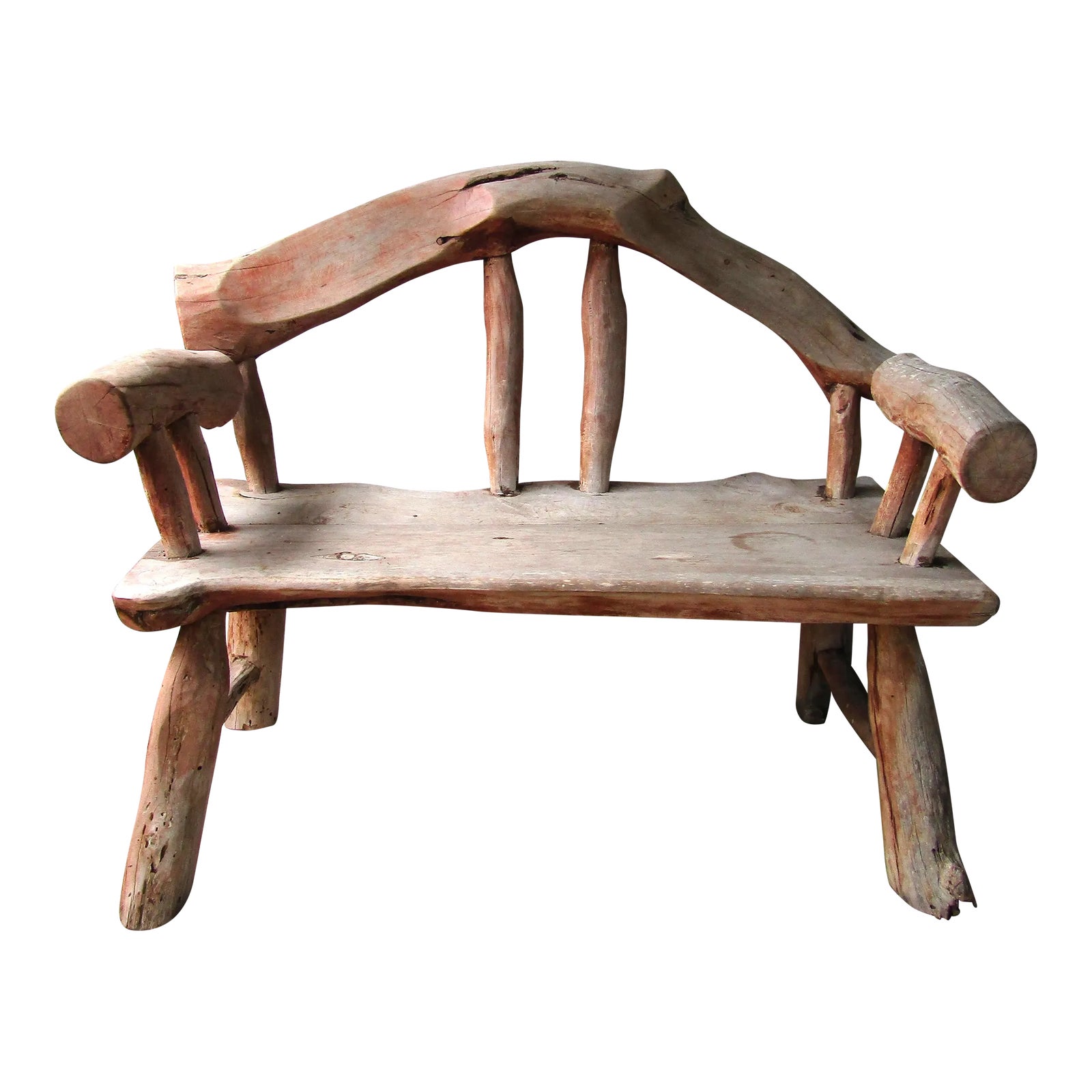 Vintage Outdoor Rustic Teak Log Bench With Log Back and Arms | Chairish