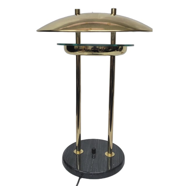 Modern Vintage Post Modern Flying Saucer Style Gold Chrome Marble Base Table Lamp For Sale - Image 3 of 12