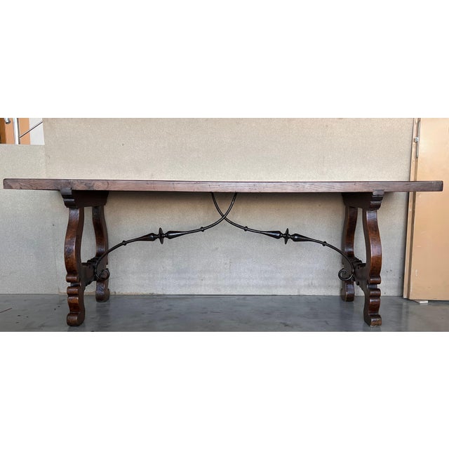 Baroque 18th Dining or Console Table of Walnut with Lyre Legs and Heavy Top, Spain For Sale - Image 3 of 18
