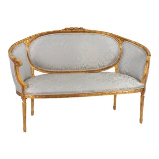 Mid 20th Century Louis XVI Style Giltwood Settee With Scrolling Arms & New Upholstery For Sale