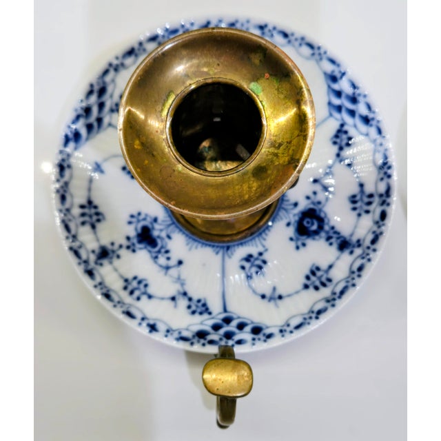 Metal Pair of Vintage Royal Copenhagen Blue Fluted Brass Push-Up Chambersticks, Denmark For Sale - Image 7 of 15