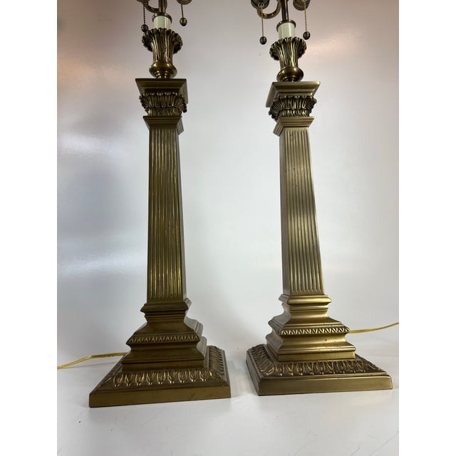 Brass Vintage Decorative Crafts Inc. Fluted Columns Corinthian Capitals Solid Brass Buffet 38" Table Lamps -a Pair For Sale - Image 8 of 12