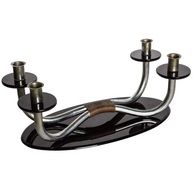 4-Armed Iron Candelabra on Black Opaline Base, 1940s For Sale - Image 9 of 9