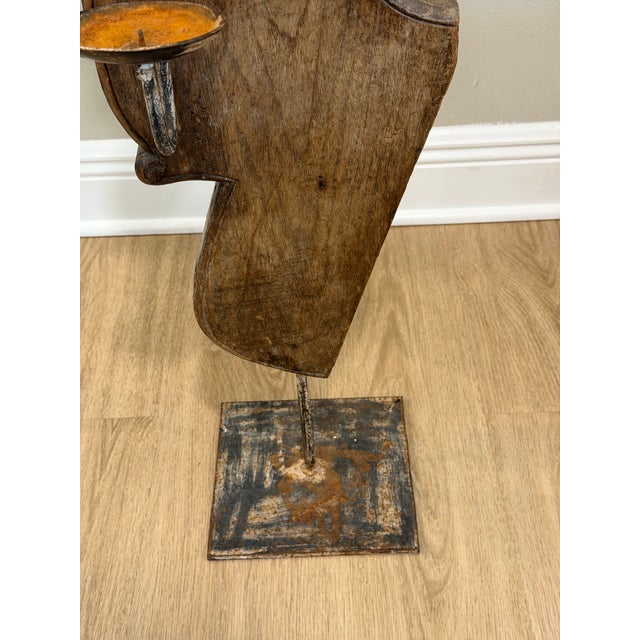 Mid 20th Century Vintage Indian Carved Wood Architectural Fragment on Iron Candle Stand For Sale - Image 5 of 12