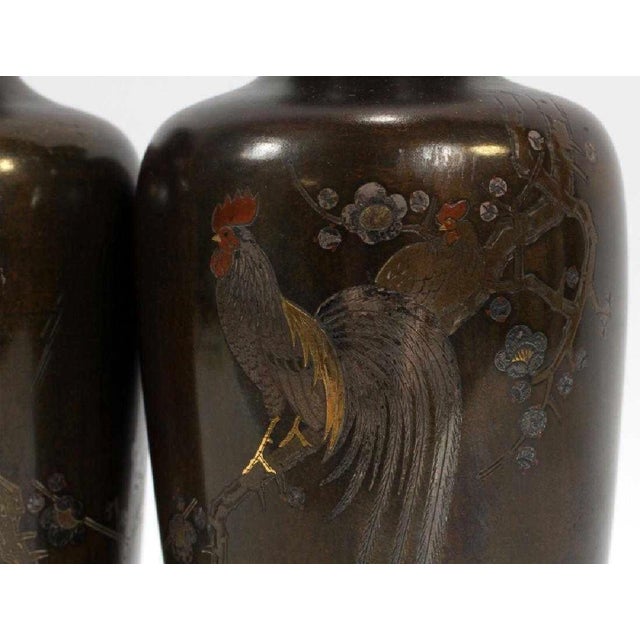 Japonisme Pair of Japanese Bronze Vase with Metal Inlays by Mitsufune For Sale - Image 3 of 12