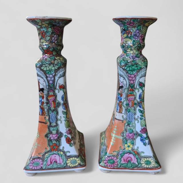 Vintage Chinoiserie Rose Medallion Porcelain Hand Painted Candle Holders -a Pair For Sale - Image 10 of 12