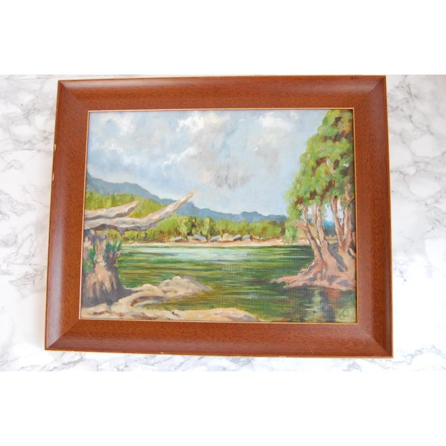 Mid Century Lakeside Landscape Painting Original Oil on Canvas Signed For Sale - Image 10 of 10