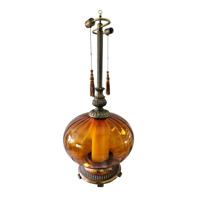 Large Amber Hand Blown Amber Glass and Brass 1970s Vintage Ef & Ef Industries Table Lamp For Sale