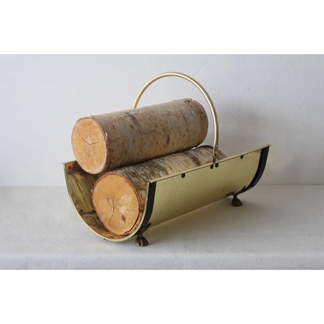 Vintage Mid Century Modernist Gold Brass Black Finish Metal Firewood Log Holder Paw Footed For Sale - Image 10 of 10