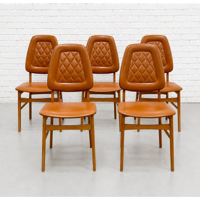 Set of 5 - Mid Century Modern Scandinavian Dining Chairs | Diamond Stitched Upholstery, C. 1960's For Sale - Image 11 of 14