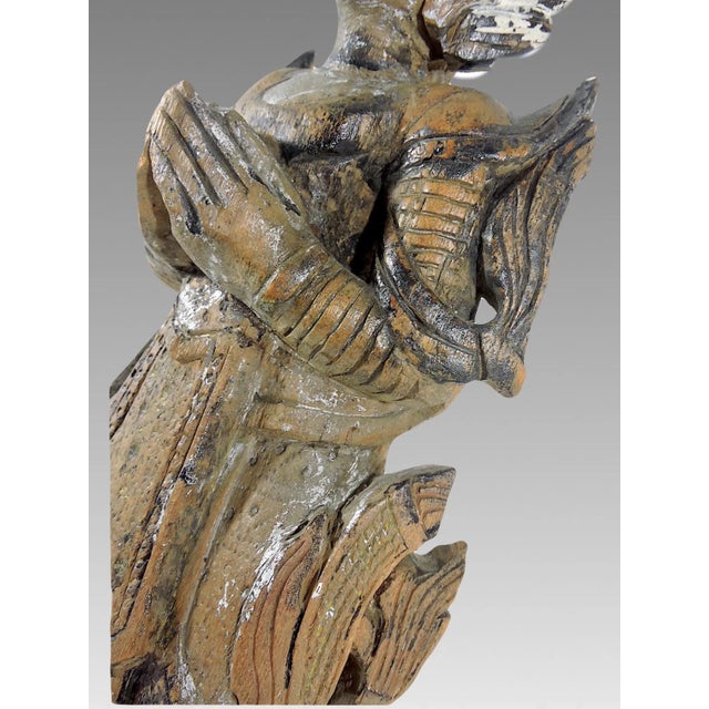 Wood Late 19th Century Antique 'Teppanom' Temple Angel, Mounted Wood Statue Figure (Thailand) For Sale - Image 7 of 10