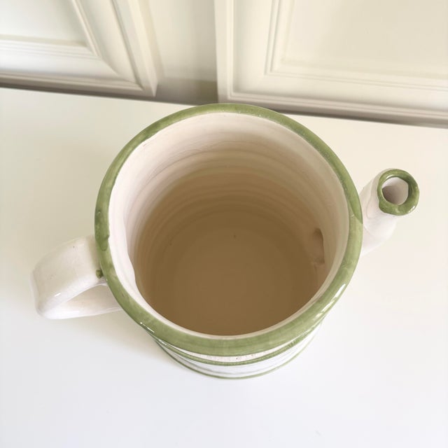 2020s White Green Botanical Relief Large Pottery Pitcher Handmade in Portugal For Sale - Image 5 of 7