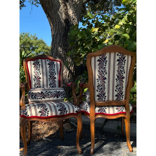 1920s Pair of Louis XV-Style French Provincial Upholstered Carved Wood Armchairs With Floral Stripe Fabric For Sale - Image 10 of 10