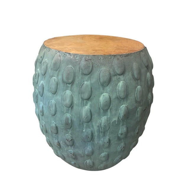 Vintage Industrial Verdigris Metal & Inset Wood Side Table For Sale - Image 4 of 11