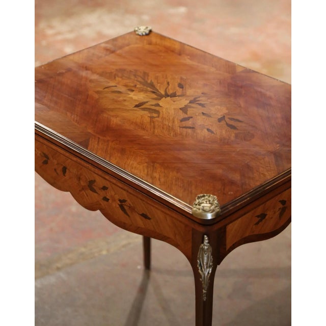 19th Century French Louis XV Walnut Marquetry Folding Game Table With Felt For Sale - Image 4 of 12