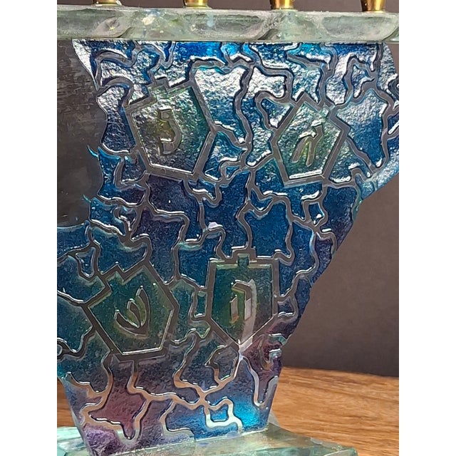 Late 20th Century Signed Uda Yehuda Parmat Studio Art Glass Menorah Iridescent Fused Dreidel For Sale - Image 9 of 17