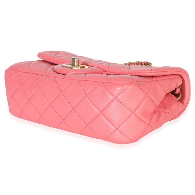 Animal Skin Pink Quilted Lambskin Pearl Crush Mini Rectangular Flap Bag For Sale - Image 7 of 9