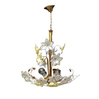 Vintage 1980s Murano Style Chandelier, Yellow & White Floral Glass With Brass Frame For Sale