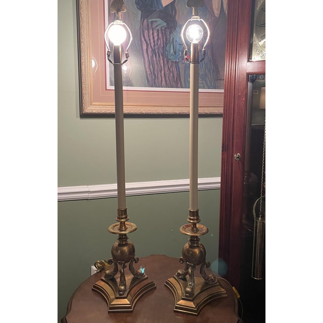 Neoclassical Pair Vintage 1987 Chapman Brass Dolphin Buffet Lamps Black Gold Foil Shades 37" For Sale - Image 3 of 13