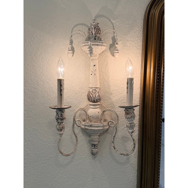 Metal Set of Three Distressed French Country Wall Sconces With Matching Large & Medium Chandeliers Available For Sale - Image 7 of 8