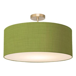 Stretch Semi Flush Mount, Avocado Linen Shade, Weathered Brass For Sale