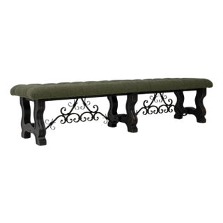 20th Century Spanish Wooden And Metal Bench With Upholstered Seat For Sale
