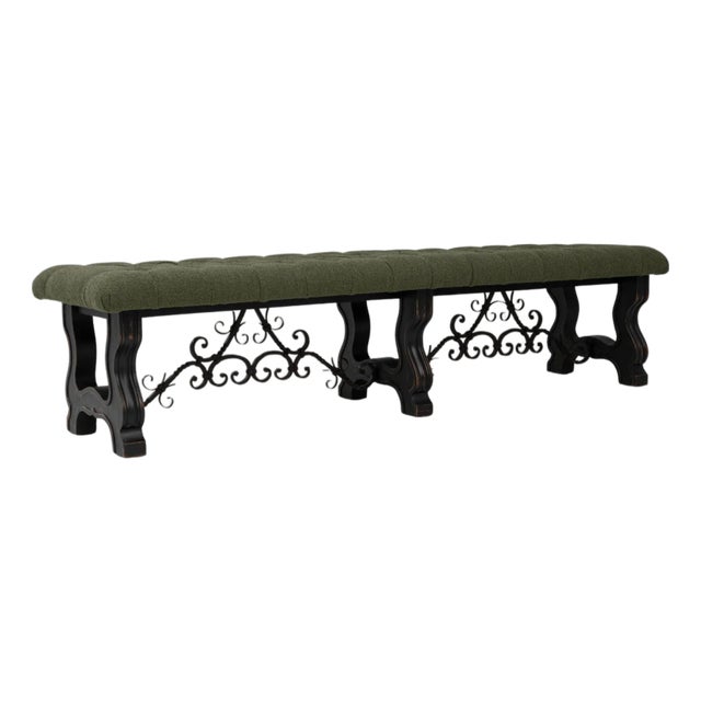 20th Century Spanish Wooden And Metal Bench With Upholstered Seat For Sale