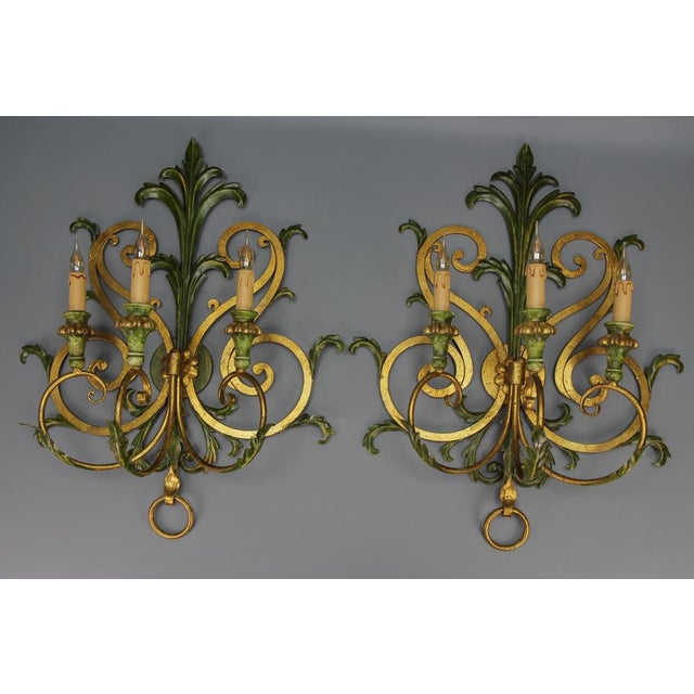 Baroque Large Gilt and Green Color Metal and Wood Sconces, 1960s, Set of 2 For Sale - Image 3 of 18
