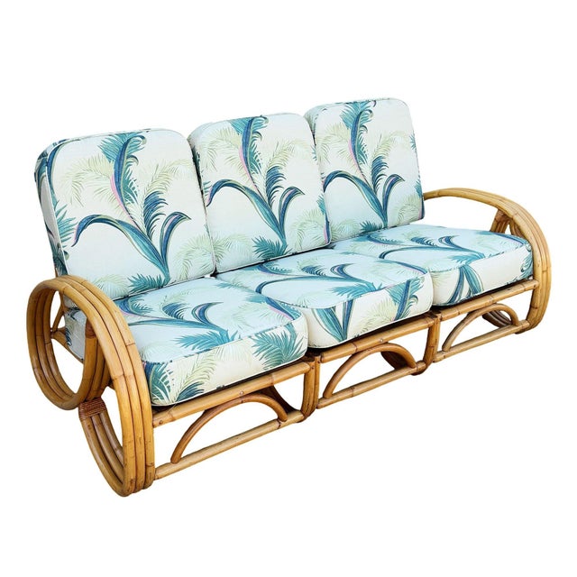 1950s Restored Mid-Century 3-Strand 3/4 Round Pretzel Arm Rattan Sectional 3-Seat Sofa For Sale - Image 4 of 9