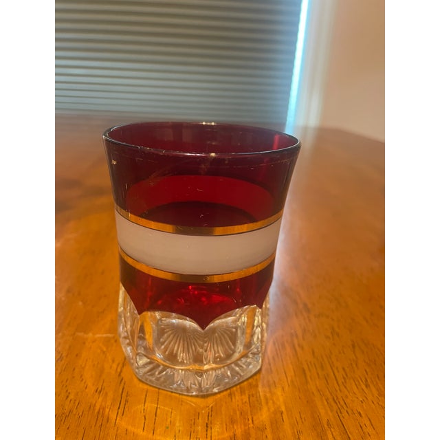 Vintage Ruby Red Glass Pitcher & 6 Tumblers Set - White and Gold Banded Barware For Sale - Image 4 of 11