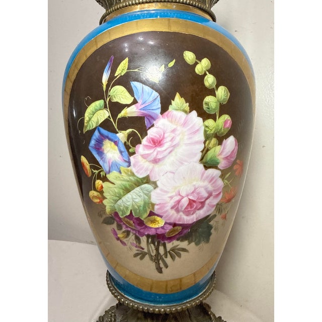 Large Antique Ornate Sevres Painted Porcelain Bronze Electric Table Lamp Vase For Sale - Image 12 of 16