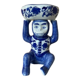 Vintage Blue and White Chinoiserie Monkey With Bowl Asian Trinket Dish For Sale