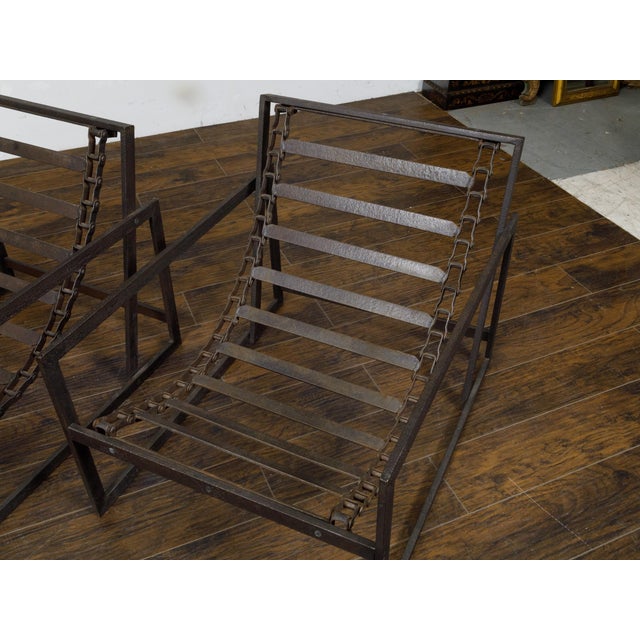 Pair of Mid 20th Century Industrial Iron Sling Transat Chairs with Brown Leather For Sale - Image 10 of 12